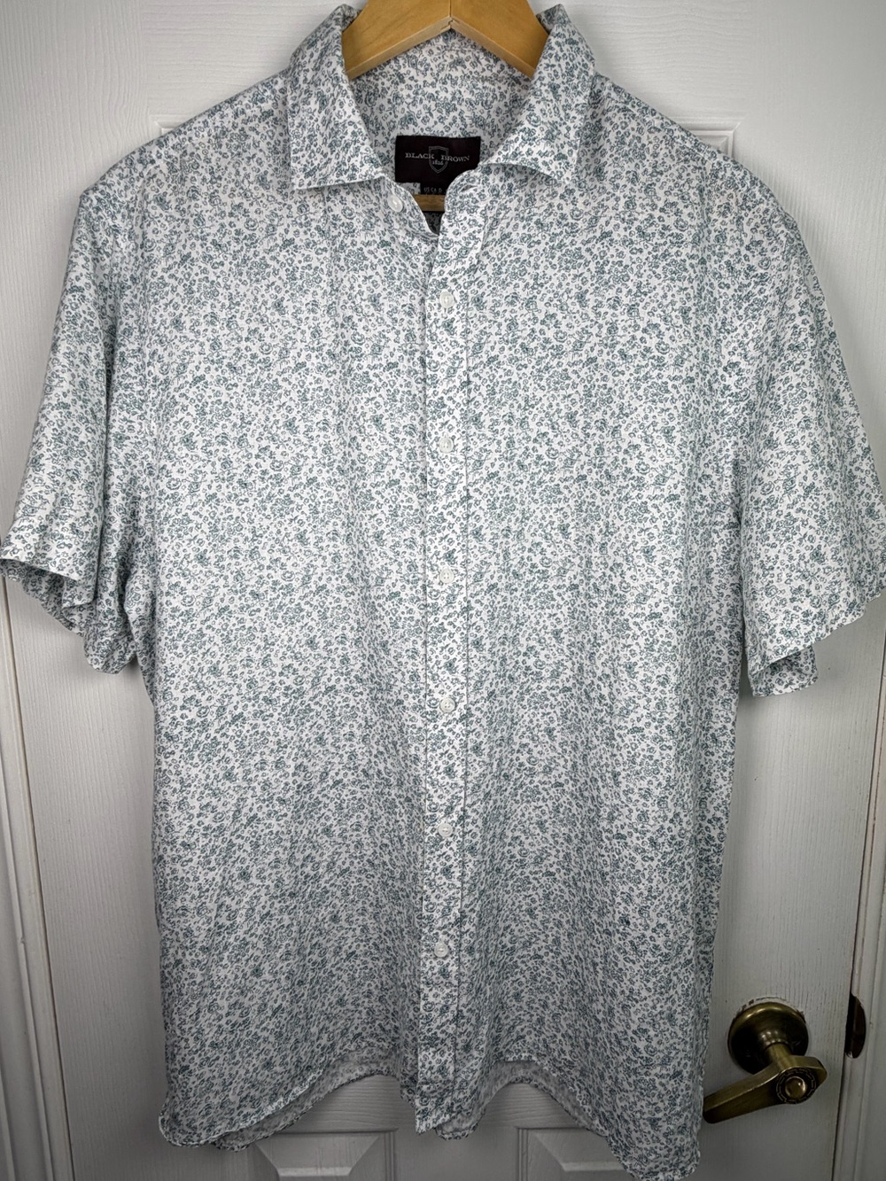 Black Brown 1826 Men's White Floral Linen Shirt Large Blue Green Botanical